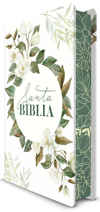 Biblia tamaño manual, ultrafina y con letra grande. Tapa dura con flores blancas, cinta marcadora, y estudio conciso de los nombres de Dios